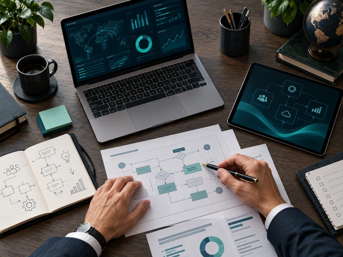 Business professional working on digital transformation and technology