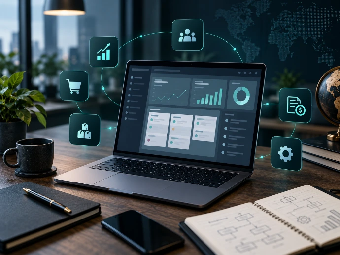 Business planning workspace with laptop and operational documents
