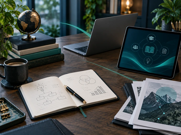 Business consulting workspace with laptop and planning documents